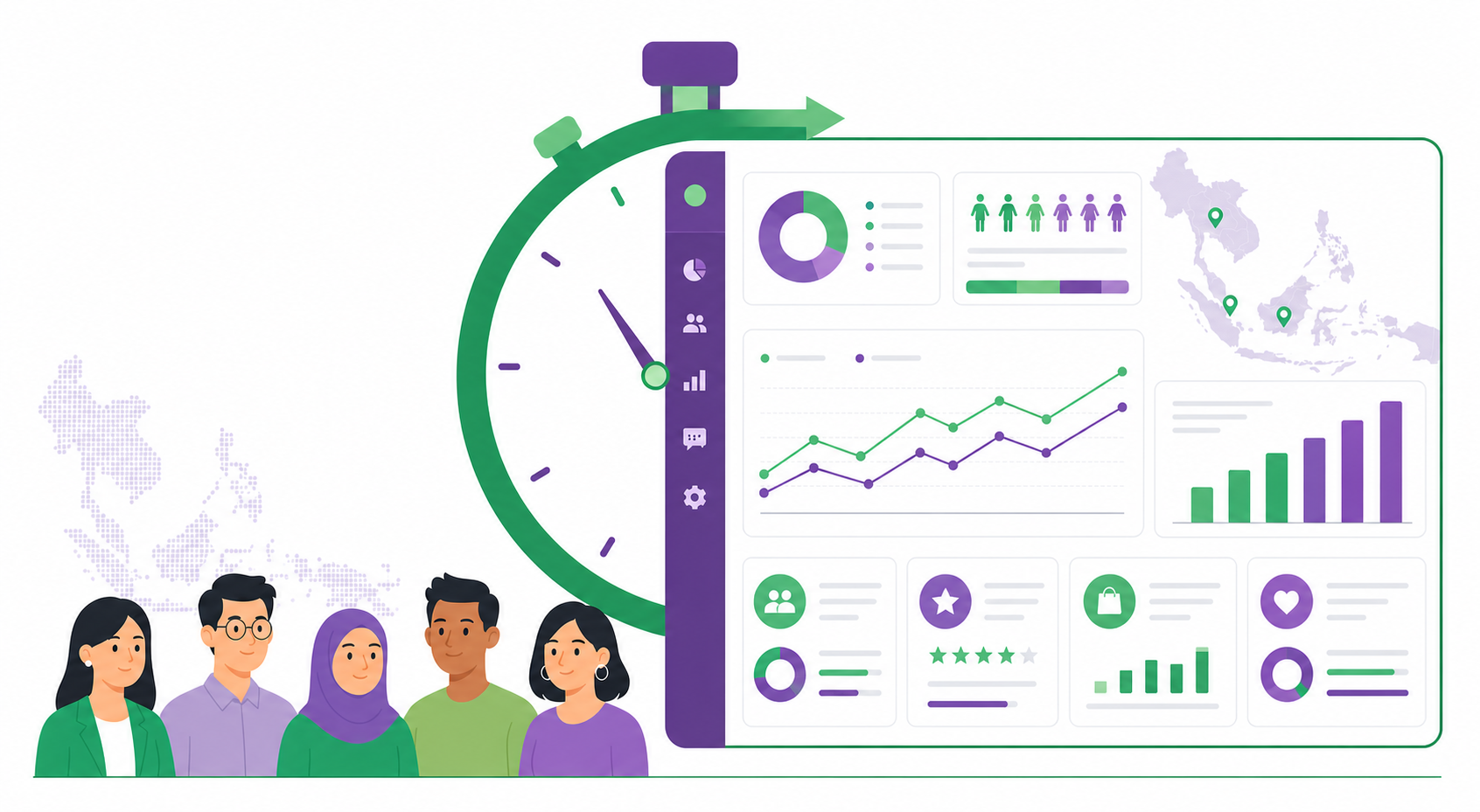 Illustration of a 24-hour market research platform showing a stopwatch and consumer insights dashboard