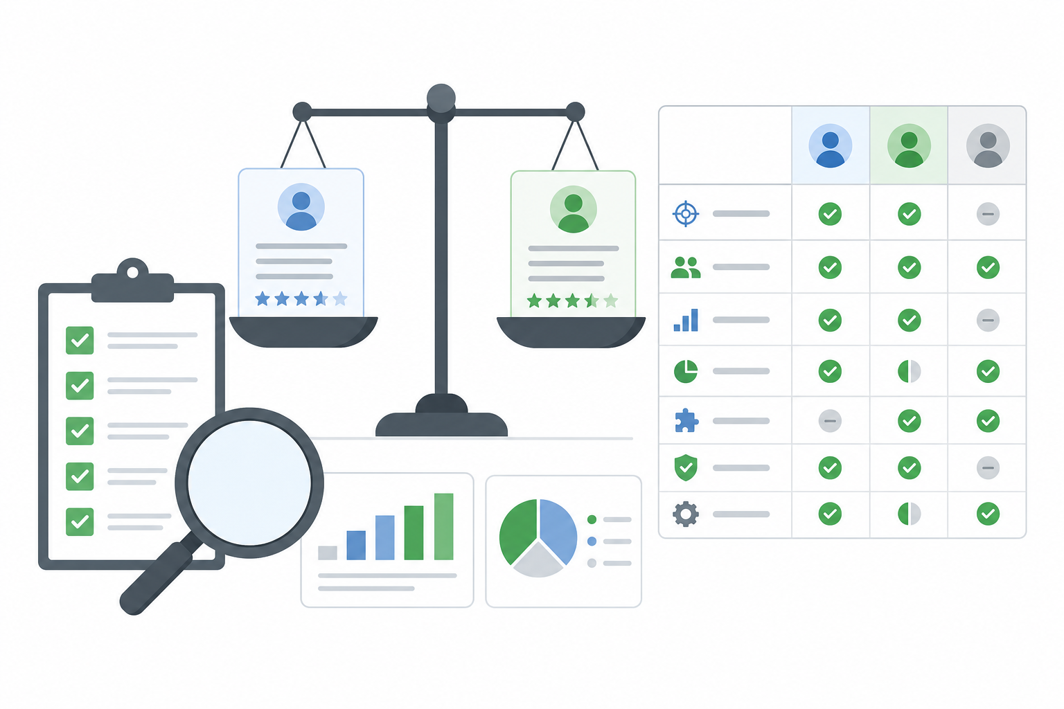 Illustration of a market research platform buyer's guide: balance scale weighing vendor options with a comparison matrix and checklist