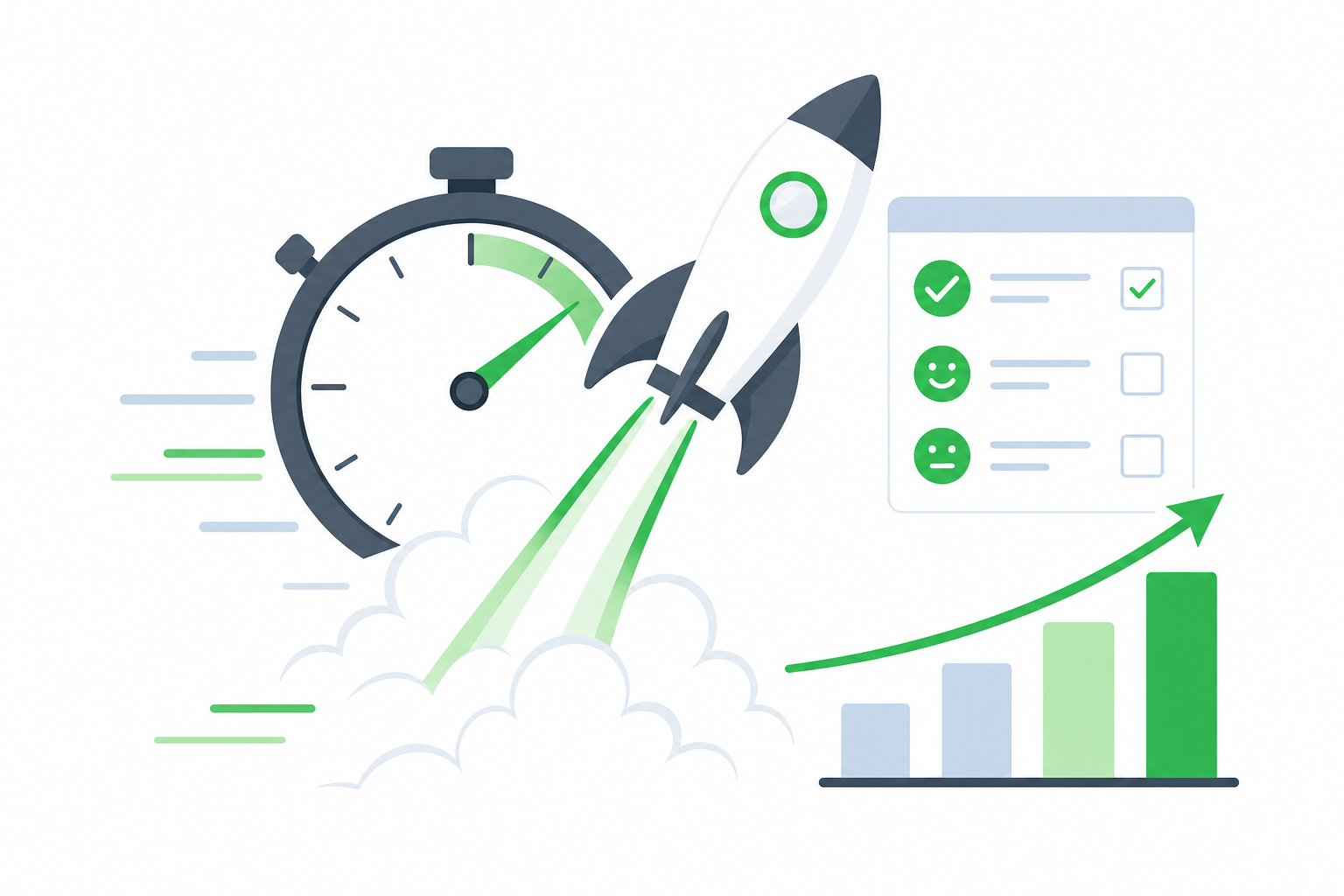 Illustration of fast product launch research: rocket launching with stopwatch, survey panel and rising bar chart