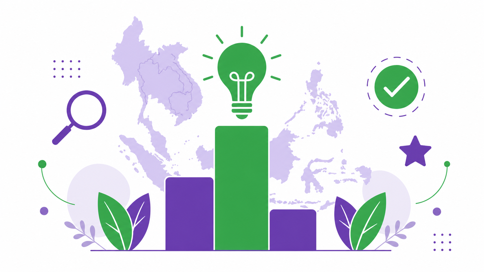 Flat illustration of ranking bars, a lightbulb, magnifying glass, checkmark and star over a Southeast Asia map in green and purple, representing a comparison of the best market research platforms for SEA concept tests