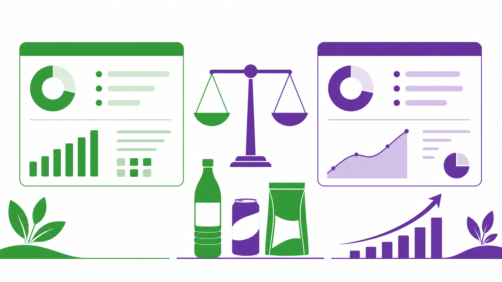 Flat illustration comparing two research platform dashboards with a balance scale, FMCG product silhouettes and an upward growth chart, in green and purple, representing how to compare research platforms for FMCG launches